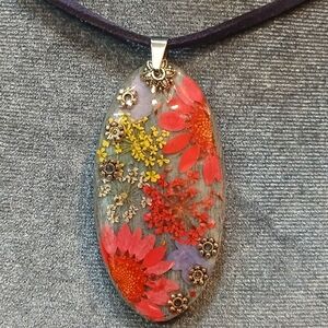 Handmade Floral Resin Pendant Necklace in Coral and Yellow